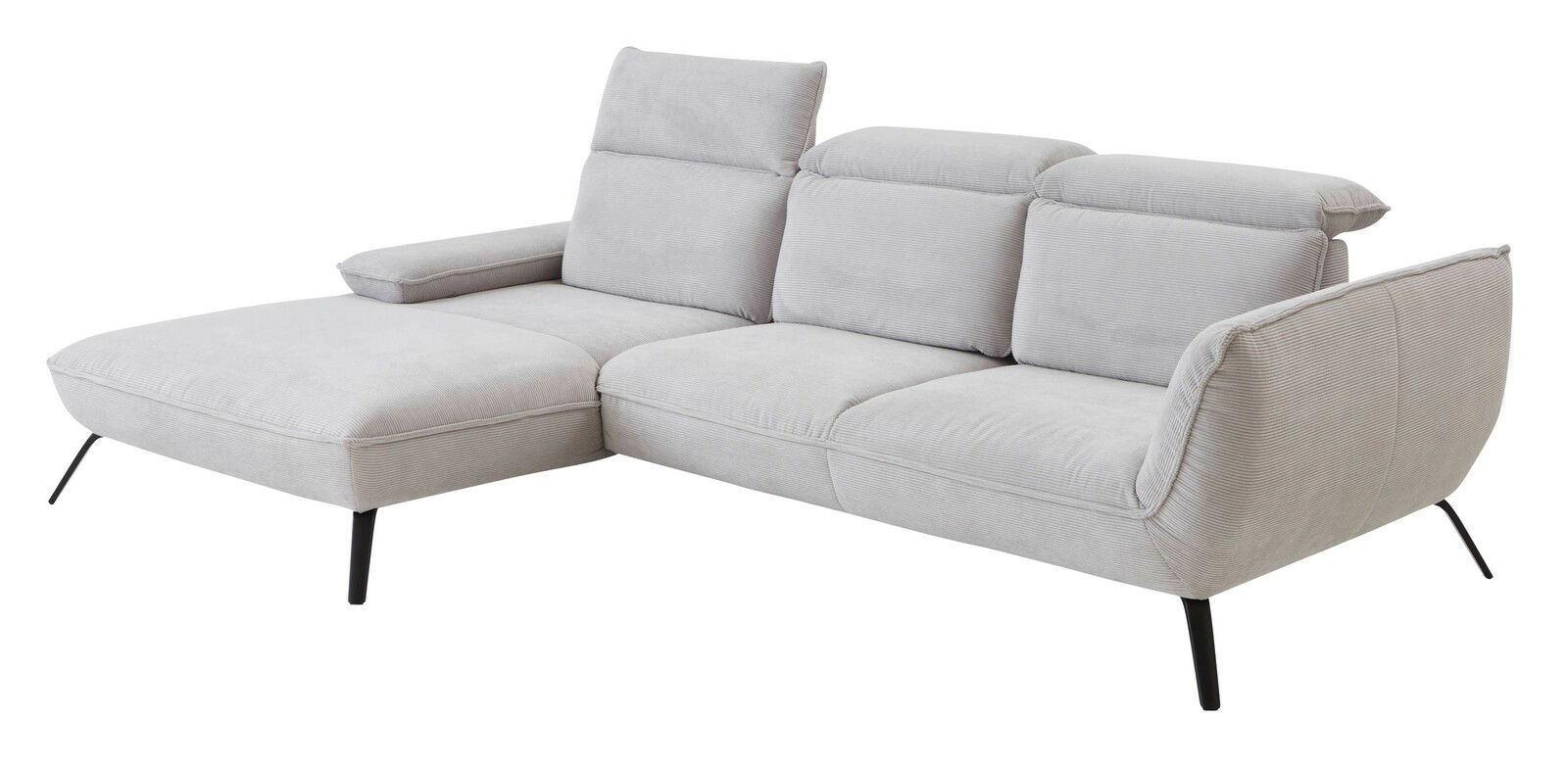 Graues Longchair-Sofa mit verstellbaren Kopfstützen und schwarzen Metallbeinen, seitliche Perspektive