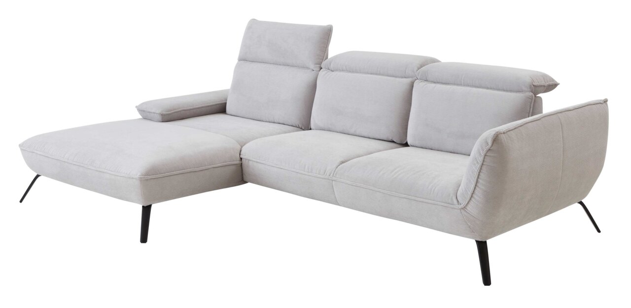 Graues Longchair-Sofa mit verstellbaren Kopfstützen und schwarzen Metallbeinen, seitliche Perspektive