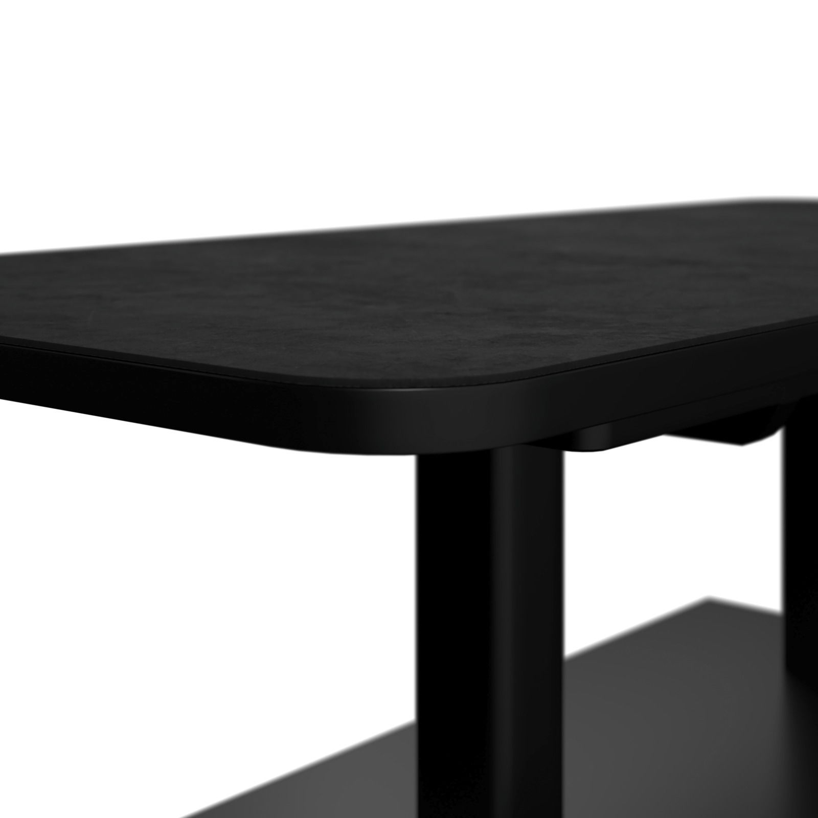 Moderner schwarzer Gartentisch aus der Seitenperspektive, mit glatter Oberfläche und abgerundeten Ecken.