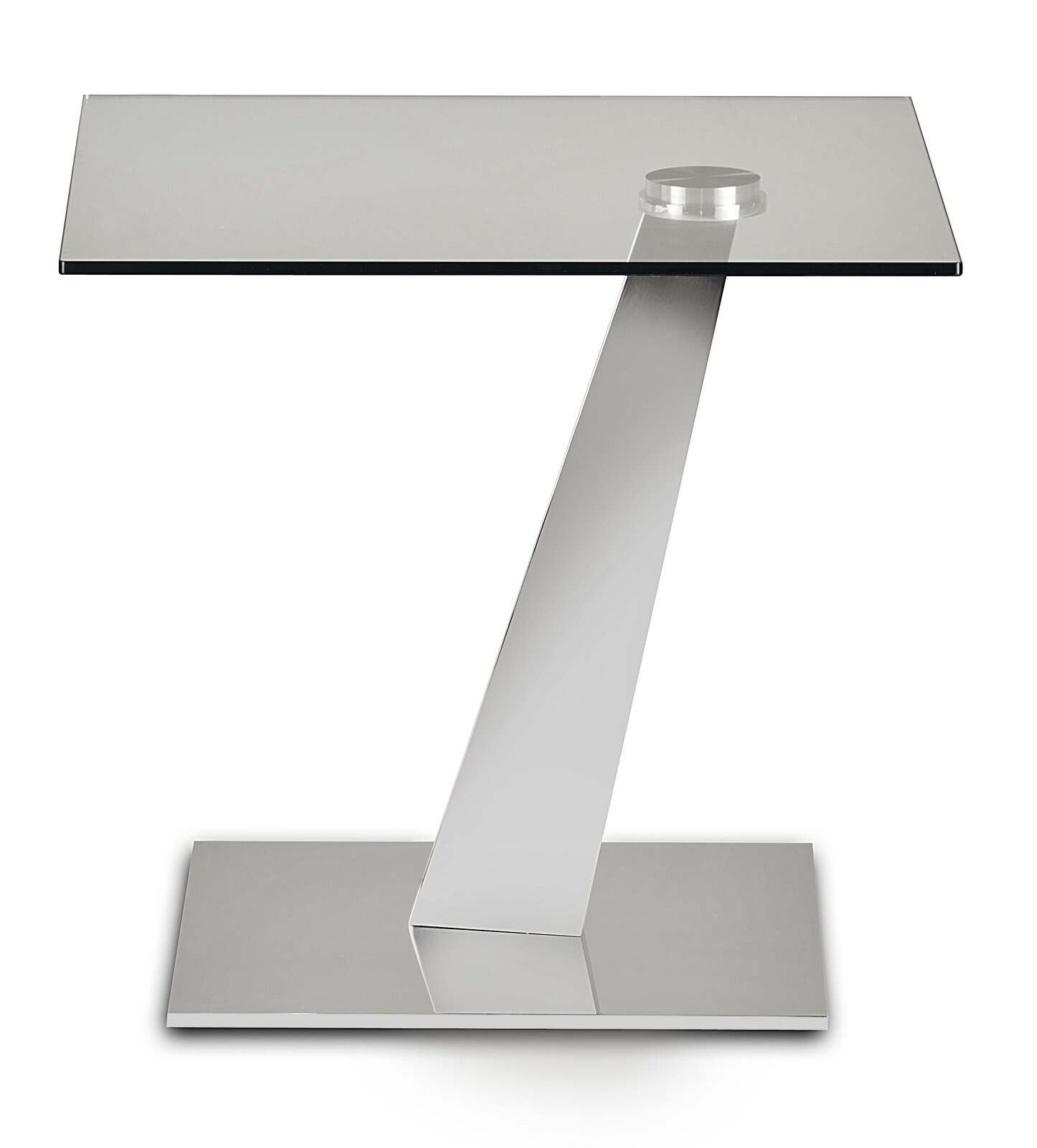 Moderner Beistelltisch mit Glasplatte und schrägem Metallgestell, seitliche Perspektive