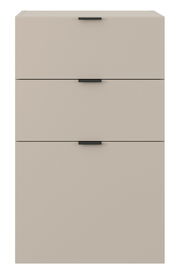 Frontansicht eines modernen Standelements mit drei Schubkästen in neutralem Farbton und schwarzen Griffen.