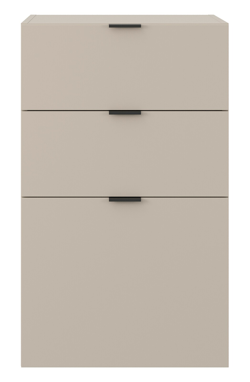 Frontansicht eines modernen Standelements mit drei Schubkästen in neutralem Farbton und schwarzen Griffen.