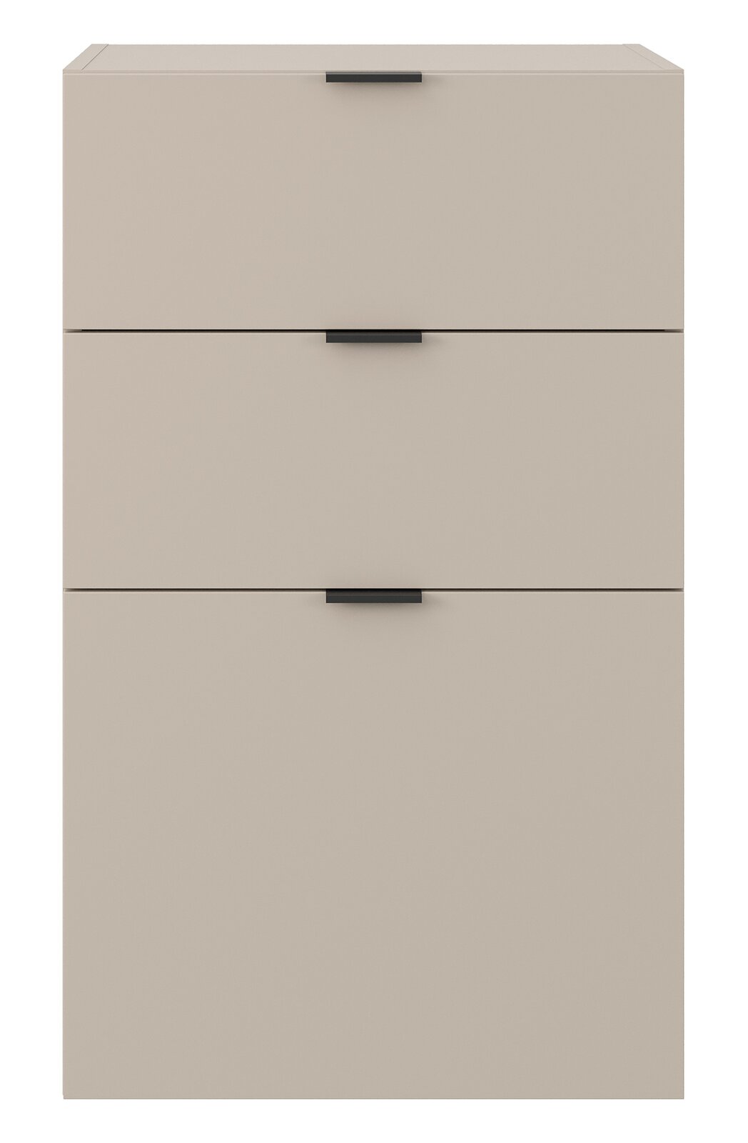 Frontansicht eines modernen Standelements mit drei Schubkästen in neutralem Farbton und schwarzen Griffen.