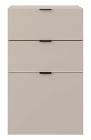 Frontansicht eines modernen Standelements mit drei Schubkästen in neutralem Farbton und schwarzen Griffen.