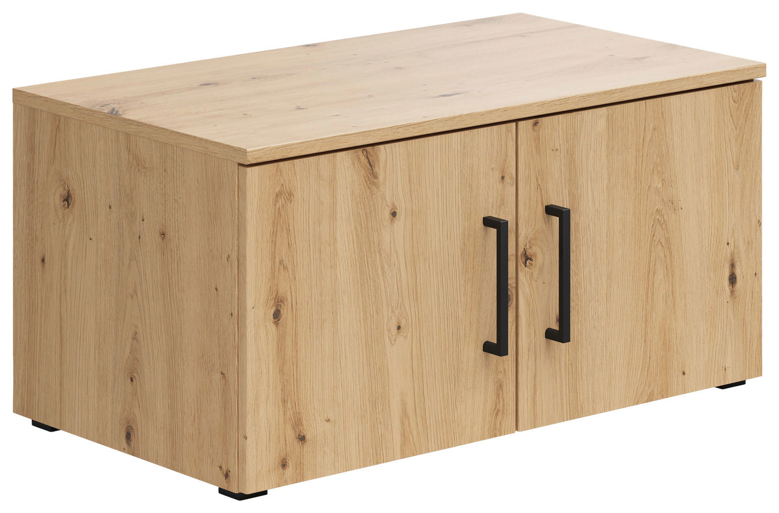 Holzfarbener Aufsatzschrank mit zwei schwarzen Griffen, seitliche Perspektive