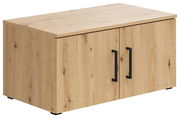 Holzfarbener Aufsatzschrank mit zwei schwarzen Griffen, seitliche Perspektive