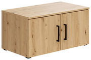 Holzfarbener Aufsatzschrank mit zwei schwarzen Griffen, seitliche Perspektive