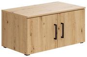Holzfarbener Aufsatzschrank mit zwei schwarzen Griffen, seitliche Perspektive