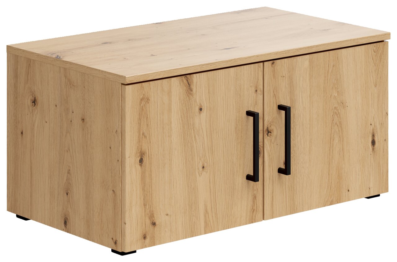 Holzfarbener Aufsatzschrank mit zwei schwarzen Griffen, seitliche Perspektive