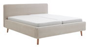 Polsterbettgestell in hellem Stoff mit Holzfüßen, seitliche Perspektive