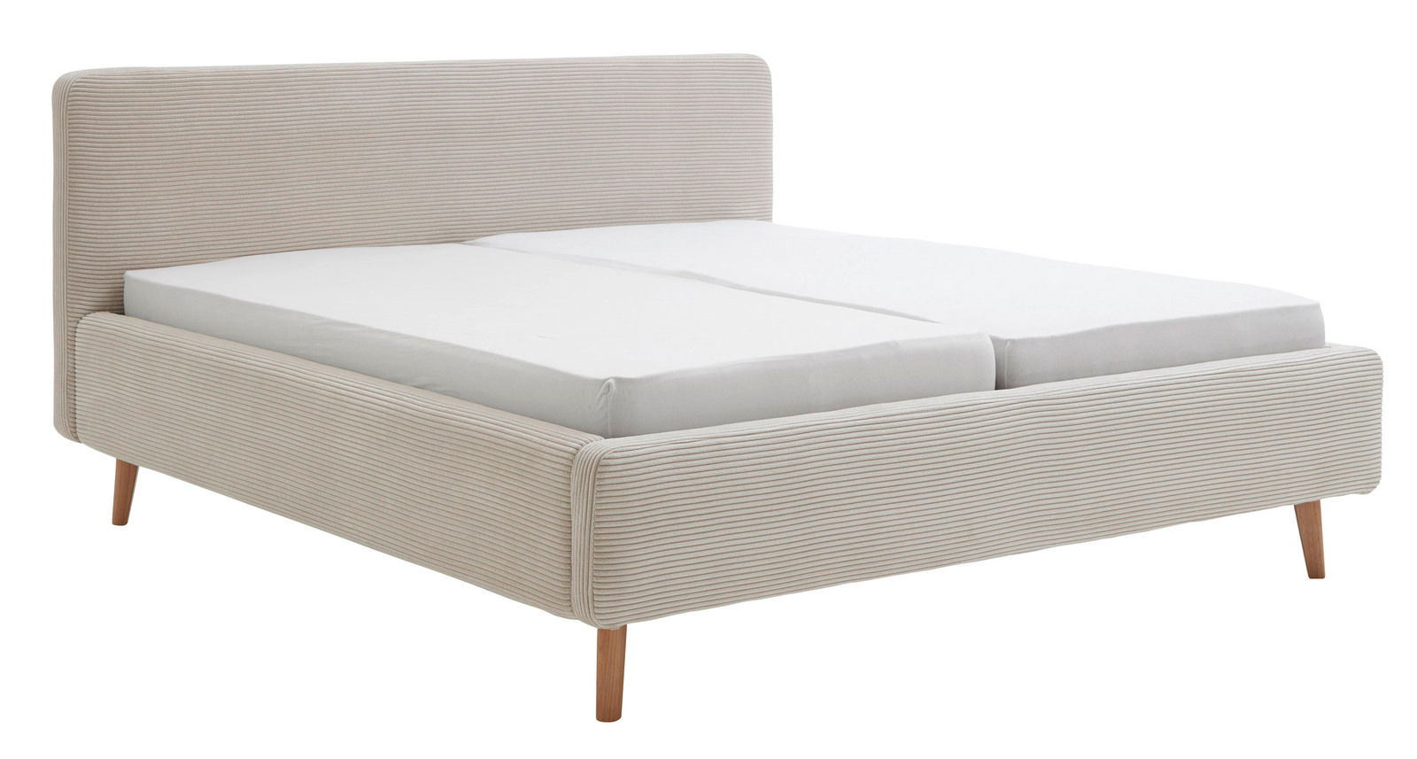 Polsterbettgestell in hellem Stoff mit Holzfüßen, seitliche Perspektive