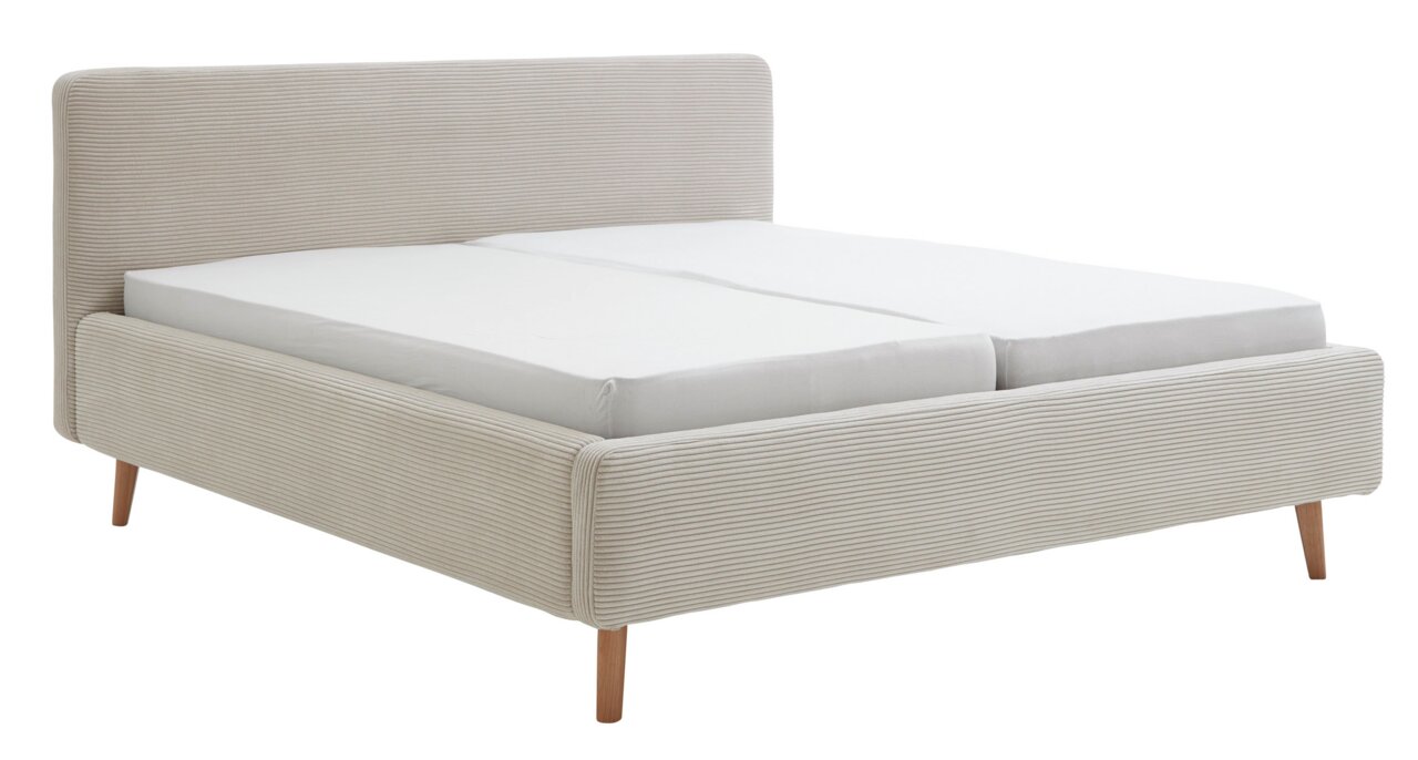 XORA Polsterbettgestell MATTIS Polsterbettgestell in hellem Stoff mit Holzfüßen, seitliche Perspektive