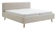 Polsterbettgestell in hellem Stoff mit Holzfüßen, seitliche Perspektive