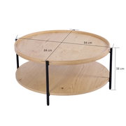 Runder Couchtisch aus Holz mit zwei Ebenen und schwarzen Metallbeinen, seitliche Perspektive