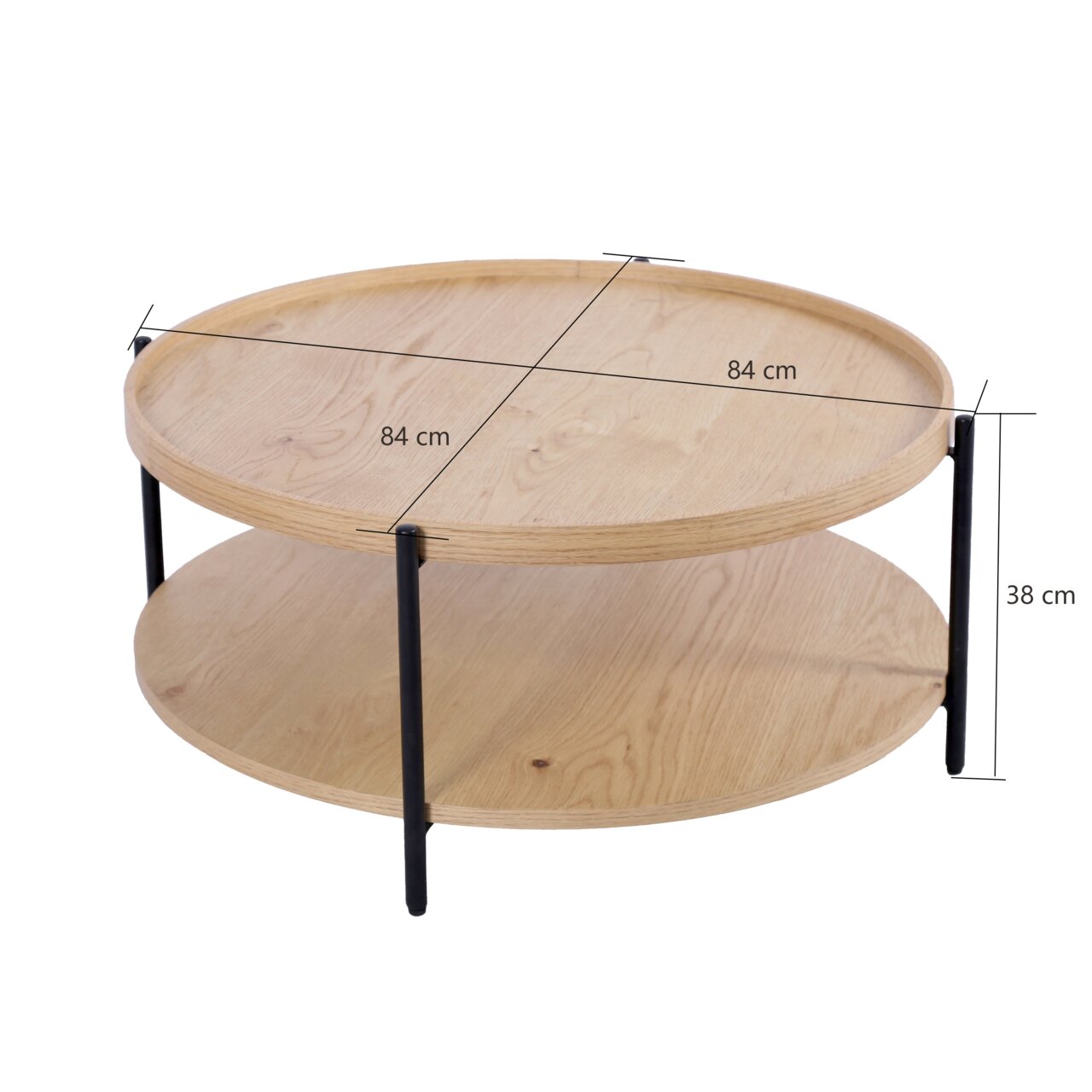 Runder Couchtisch aus Holz mit zwei Ebenen und schwarzen Metallbeinen, seitliche Perspektive