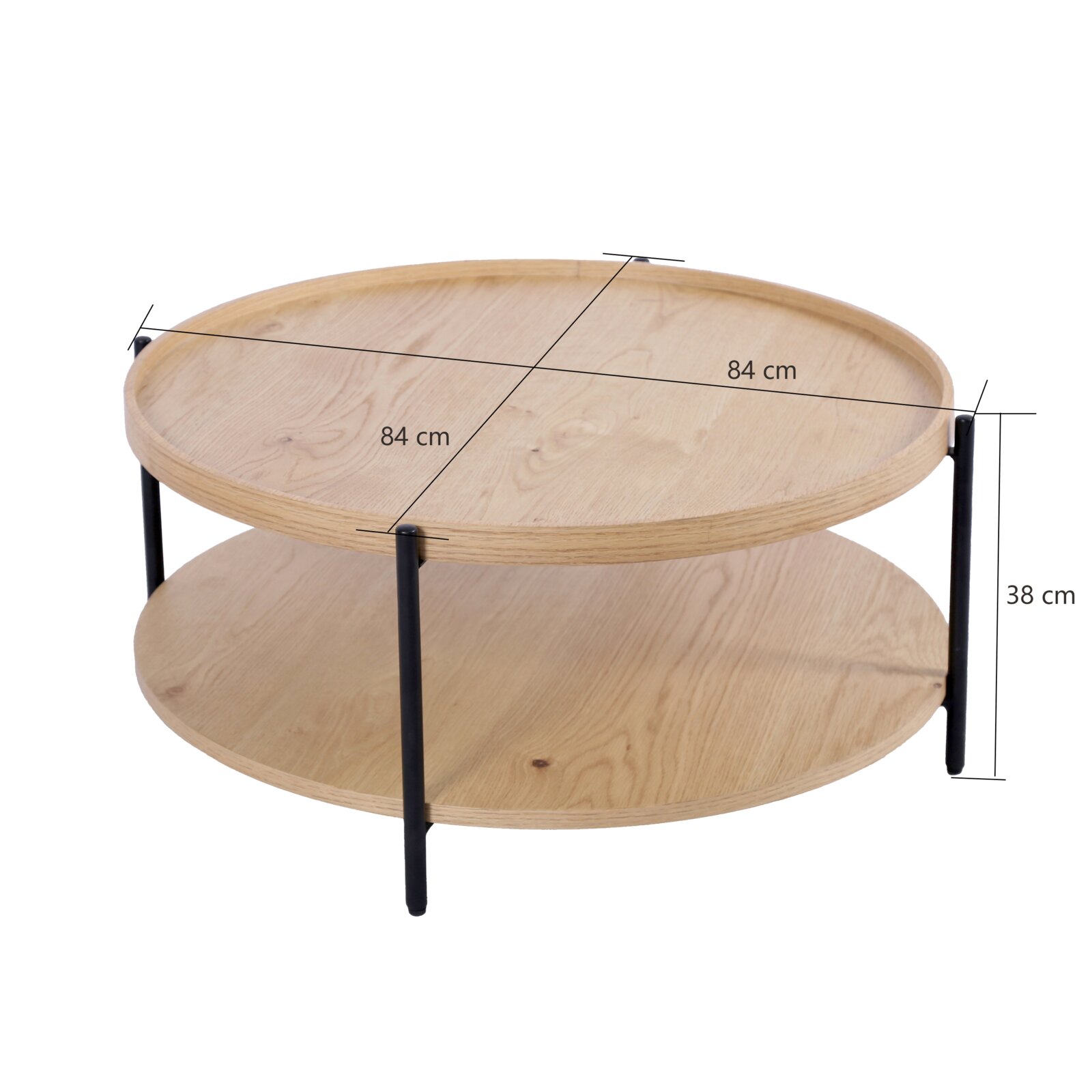 Runder Couchtisch aus Holz mit zwei Ebenen und schwarzen Metallbeinen, seitliche Perspektive