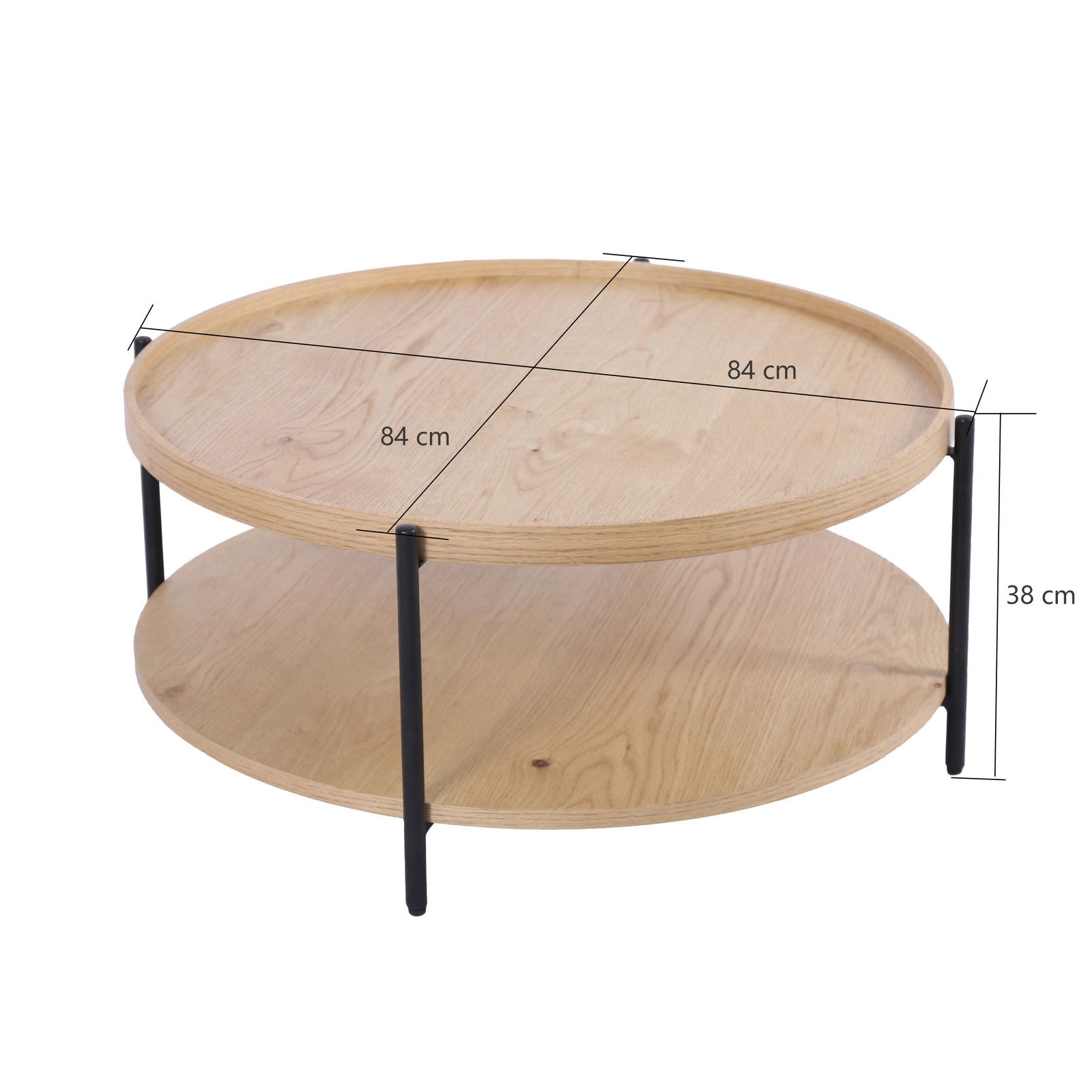 Runder Couchtisch aus Holz mit zwei Ebenen und schwarzen Metallbeinen, seitliche Perspektive