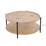 Ronde houten salontafel met twee niveaus en zwarte metalen poten, zijaanzicht
