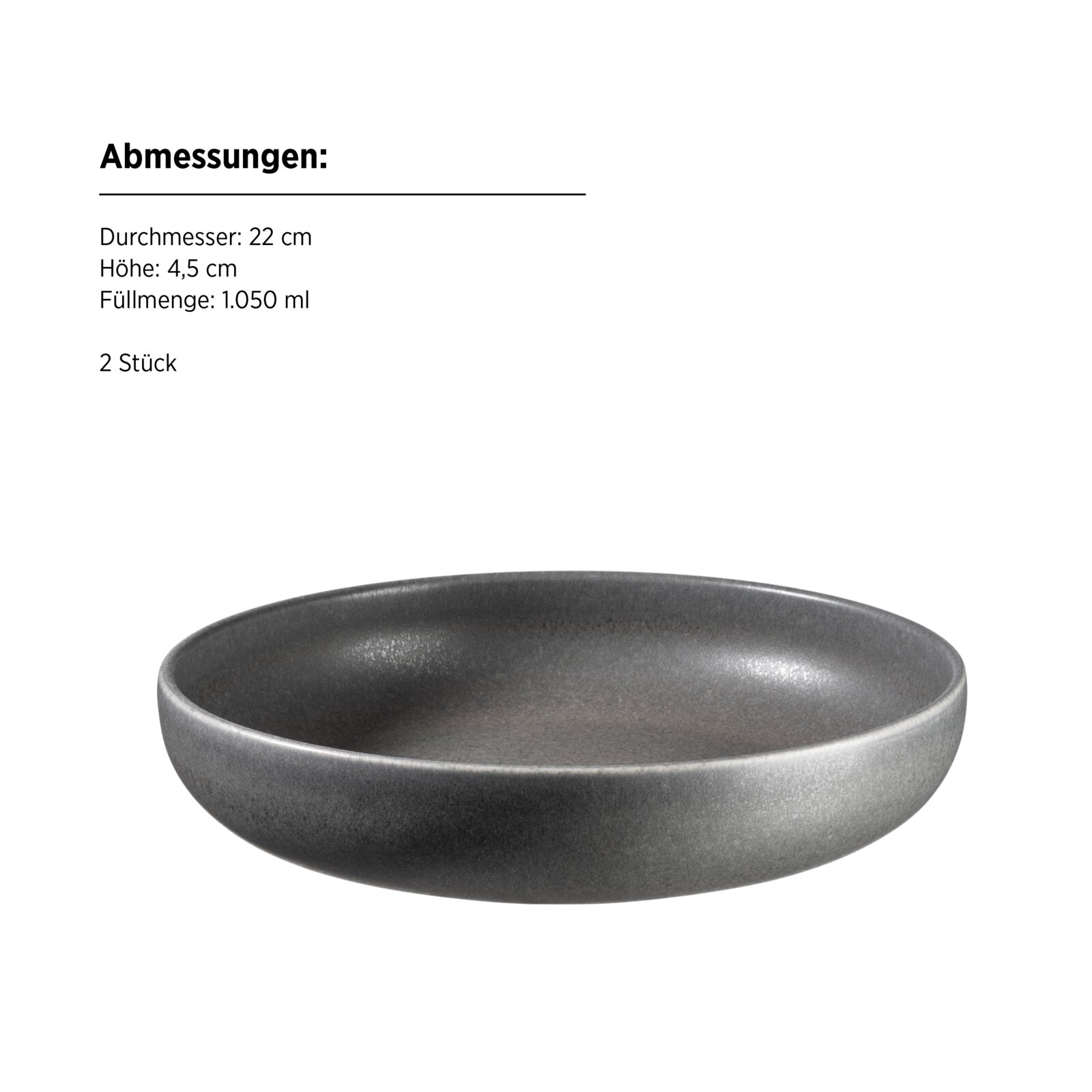 Graue, matte Keramik-Schale/Servierschüssel (Ø 22 cm, Höhe 4,5 cm, 1.050 ml) vor weißem Hintergrund, Perspektive: leicht von oben in die Schale blickend