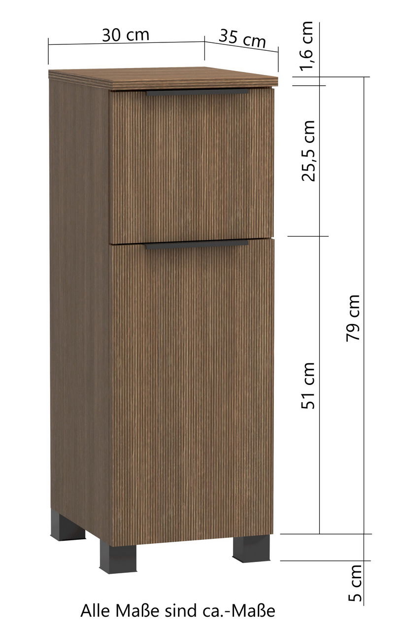 Unterschrank aus Holz mit zwei Schubladen, Frontansicht, Maße: 30 cm Breite, 35 cm Tiefe, 79 cm Höhe