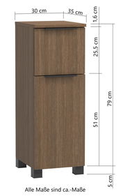 Unterschrank aus Holz mit zwei Schubladen, Frontansicht, Maße: 30 cm Breite, 35 cm Tiefe, 79 cm Höhe