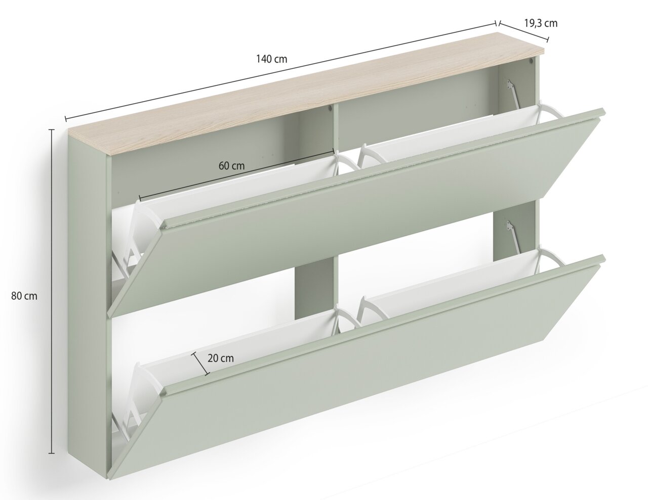 Hängeschuhschrank in hellgrün mit zwei Klappen, Maße 140 cm x 80 cm x 19,3 cm, seitliche Perspektive