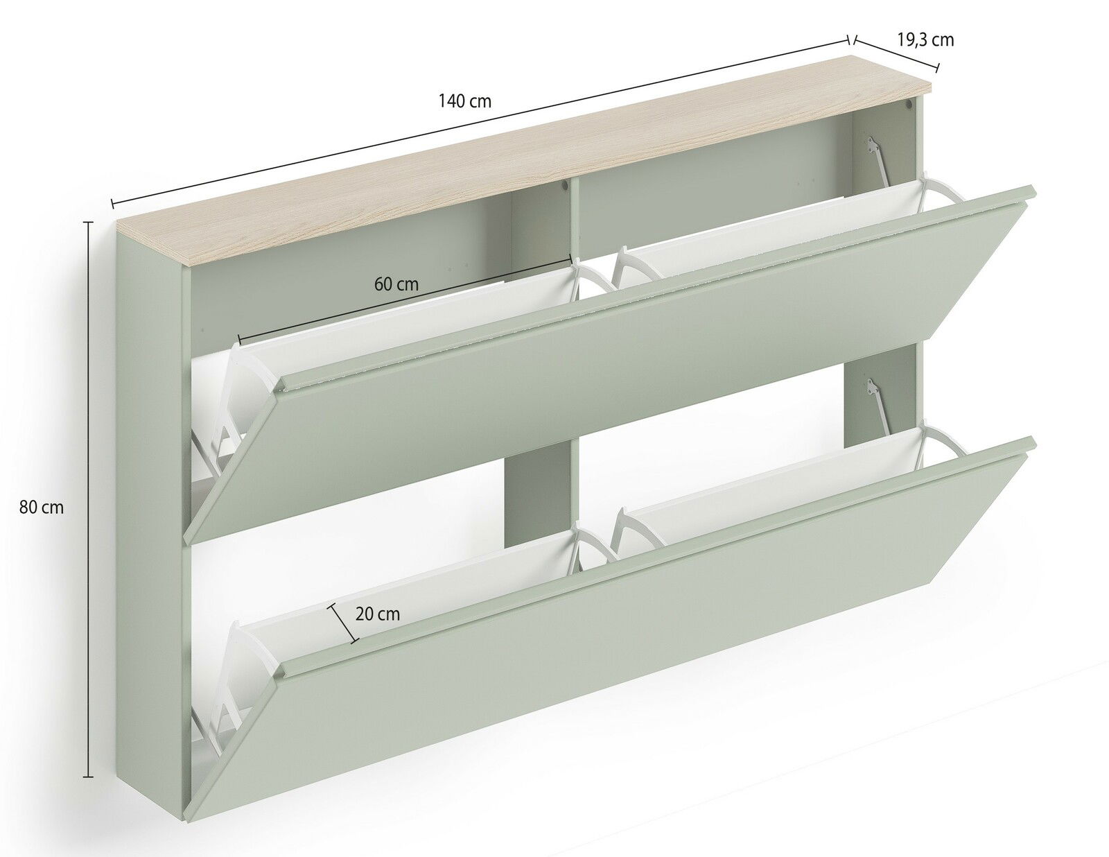 Hängeschuhschrank in hellgrün mit zwei Klappen, Maße 140 cm x 80 cm x 19,3 cm, seitliche Perspektive