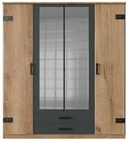 Vorderansicht eines viertürigen Drehtürenschranks mit Holzoptik und zwei Spiegeltüren in der Mitte.