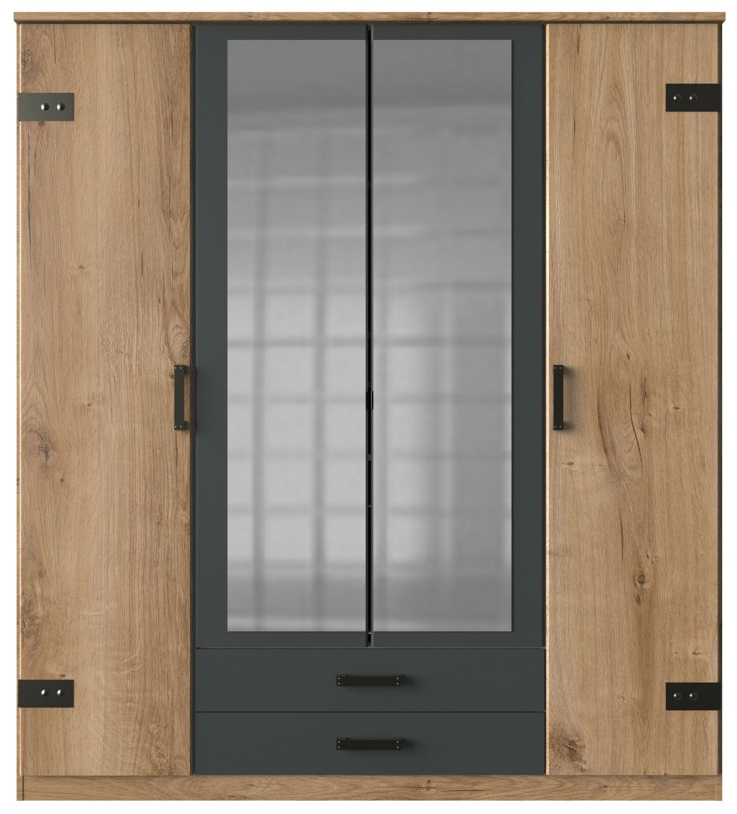 Vorderansicht eines viertürigen Drehtürenschranks mit Holzoptik und zwei Spiegeltüren in der Mitte.