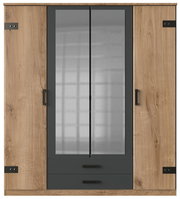 Vorderansicht eines viertürigen Drehtürenschranks mit Holzoptik und zwei Spiegeltüren in der Mitte.