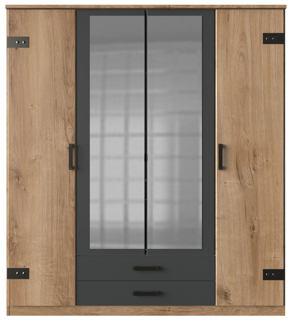 Vorderansicht eines viertürigen Drehtürenschranks mit Holzoptik und zwei Spiegeltüren in der Mitte.