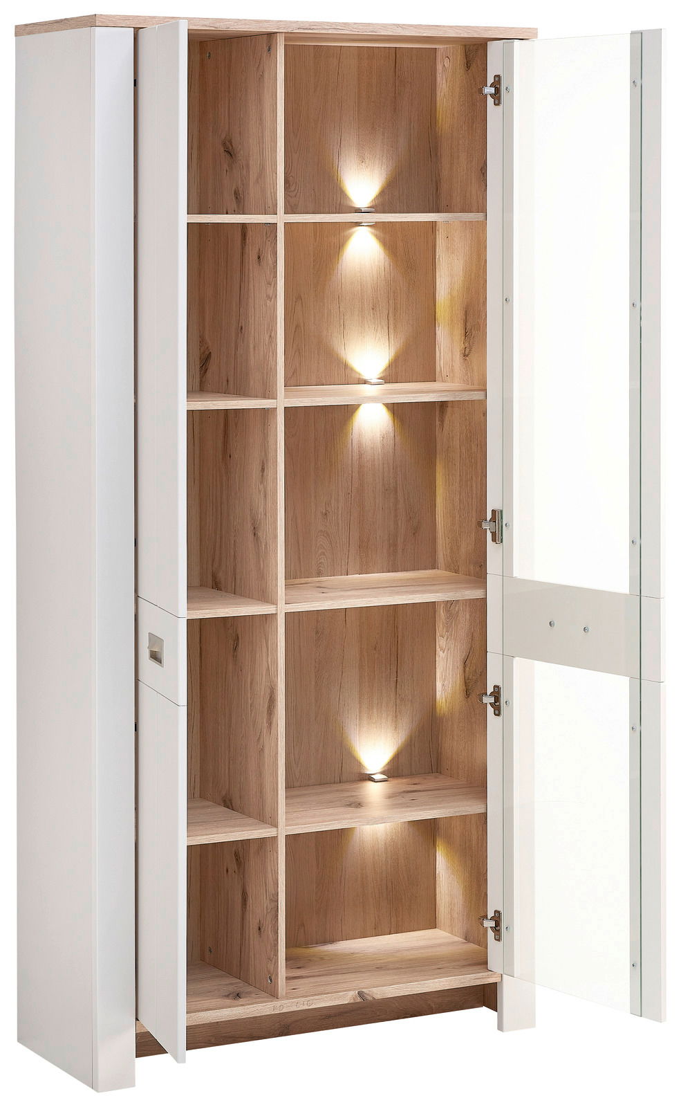 Vitrine mit Holzregalen und Glastür, beleuchtet, Perspektive von vorne