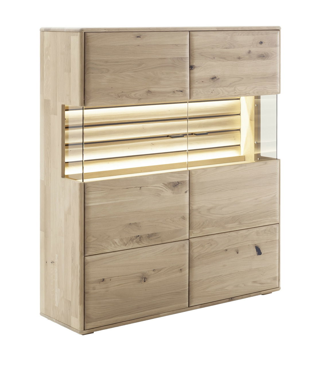 Hochwertiges Highboard aus hellem Holz mit Glas- und Beleuchtungselementen, seitliche Perspektive