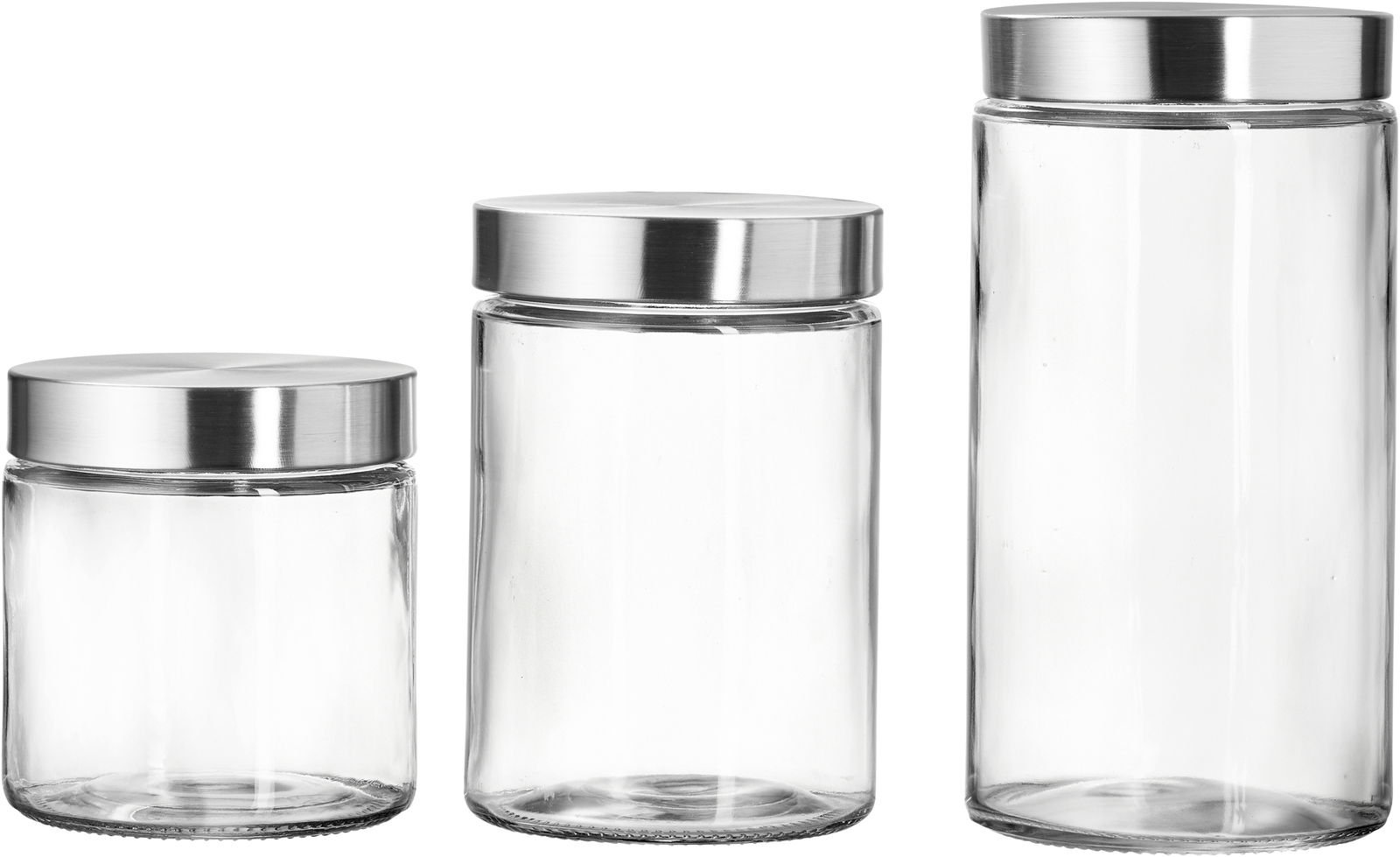 Drei runde Glasdosen mit silbernen Deckeln in verschiedenen Größen, frontal betrachtet.