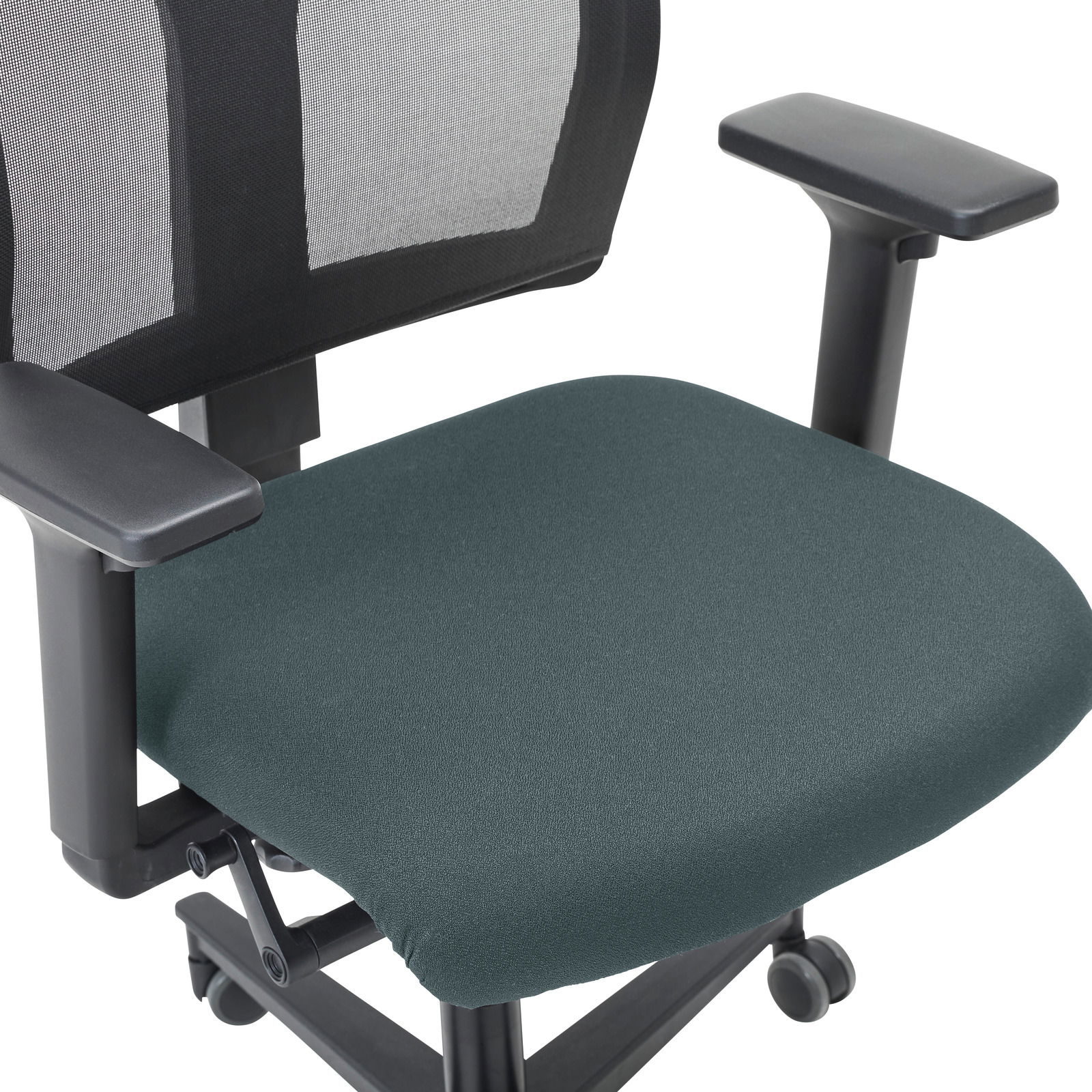 Bürostuhl mit Netzrückenlehne und gepolstertem Sitz, seitliche Perspektive