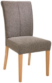 Grauer Polsterstuhl mit Holzbeinen, seitliche Perspektive