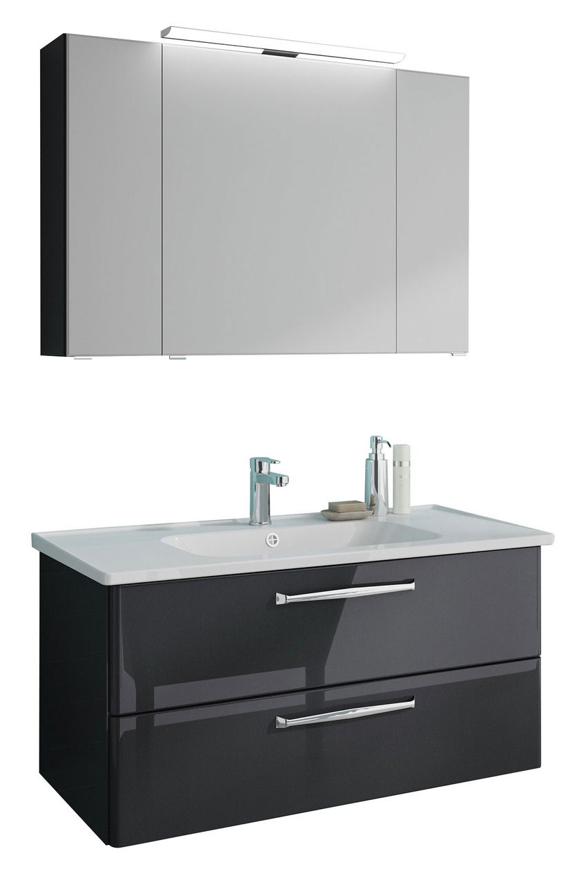 Moderner Badblock mit Spiegelschrank und Waschbecken, frontal betrachtet.