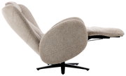 Seitenansicht eines beige Relaxsessels mit verstellbarer Rückenlehne und schwarzem Drehfuß.