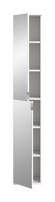 Hochformatiger Spiegelschrank mit zwei geöffneten Türen, die einen Blick auf die Innenregale freigeben. Perspektive von vorne.