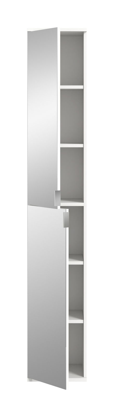 Hochformatiger Spiegelschrank mit zwei geöffneten Türen, die einen Blick auf die Innenregale freigeben. Perspektive von vorne.