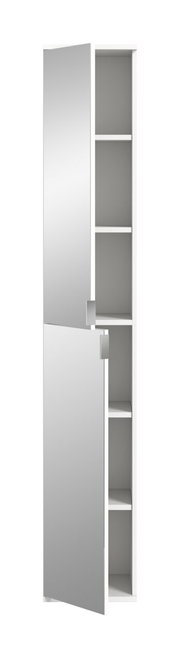 Hochformatiger Spiegelschrank mit zwei geöffneten Türen, die einen Blick auf die Innenregale freigeben. Perspektive von vorne.