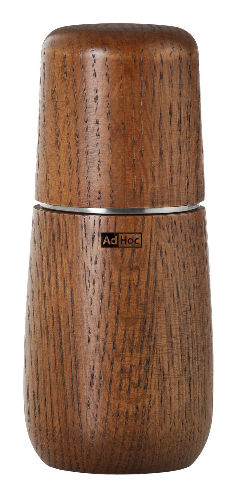 Vorderansicht einer eleganten Pfeffer- oder Salzmühle aus Holz mit glatter Oberfläche und dem Logo 'Ad Hoc'.