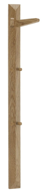 Garderobenleiste aus Holz mit drei Haken und einem Regalbrett, seitliche Perspektive