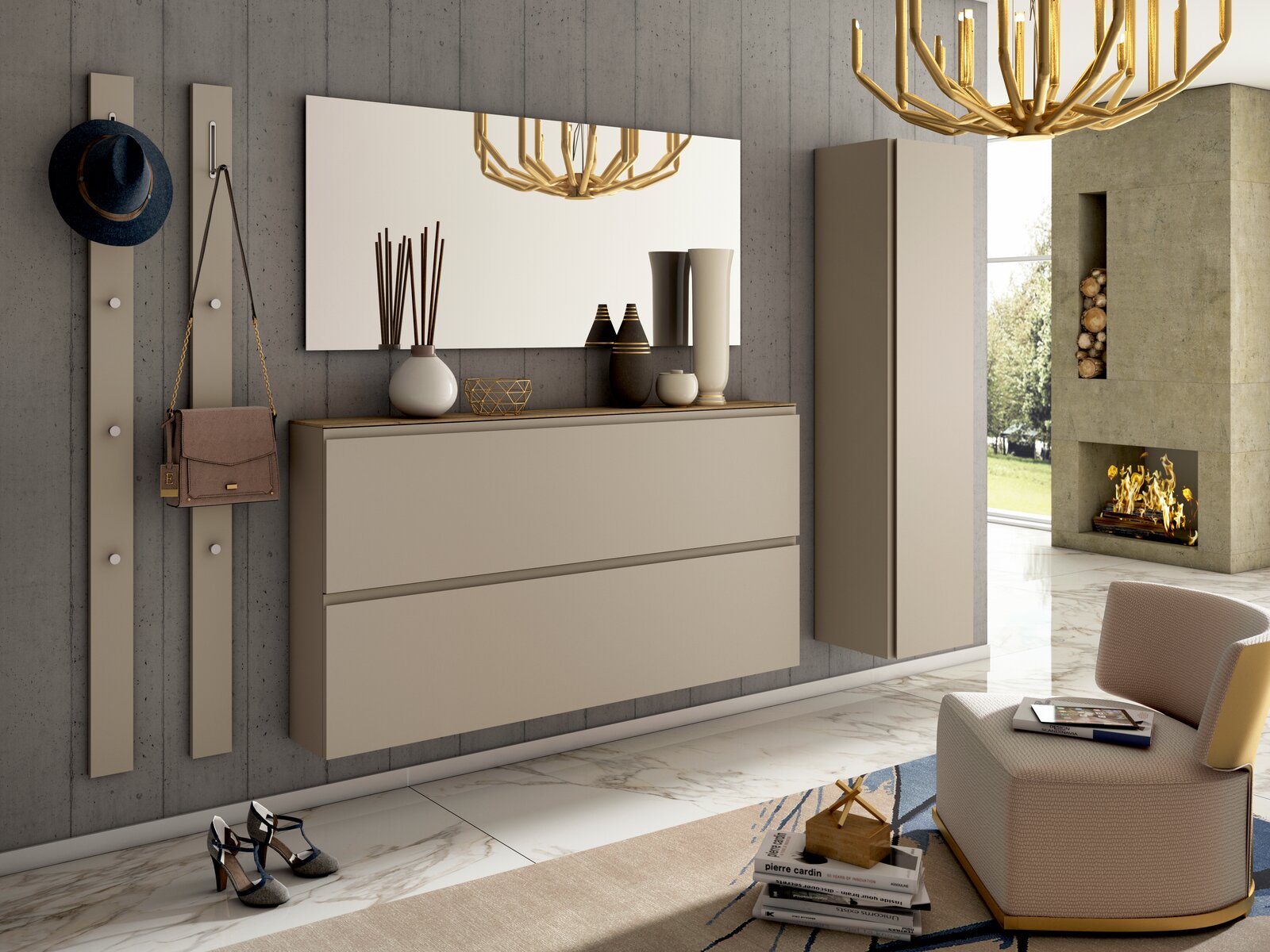 Moderano Garderoben-Set LECCO Modernes Garderobenset in einem stilvollen Raum mit Wandspiegel, Hängeschrank und Dekorationen, seitliche Perspektive.