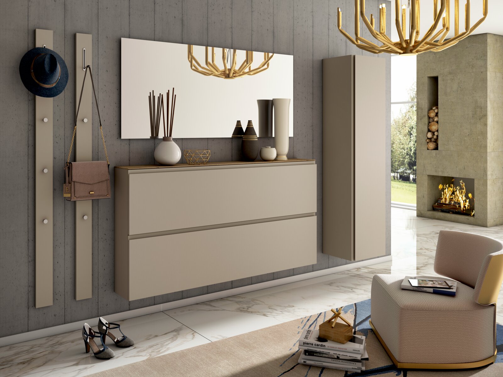 Moderano Garderoben-Set LECCO Modernes Garderobenset in einem stilvollen Raum mit Wandspiegel, Hängeschrank und Dekorationen, seitliche Perspektive.