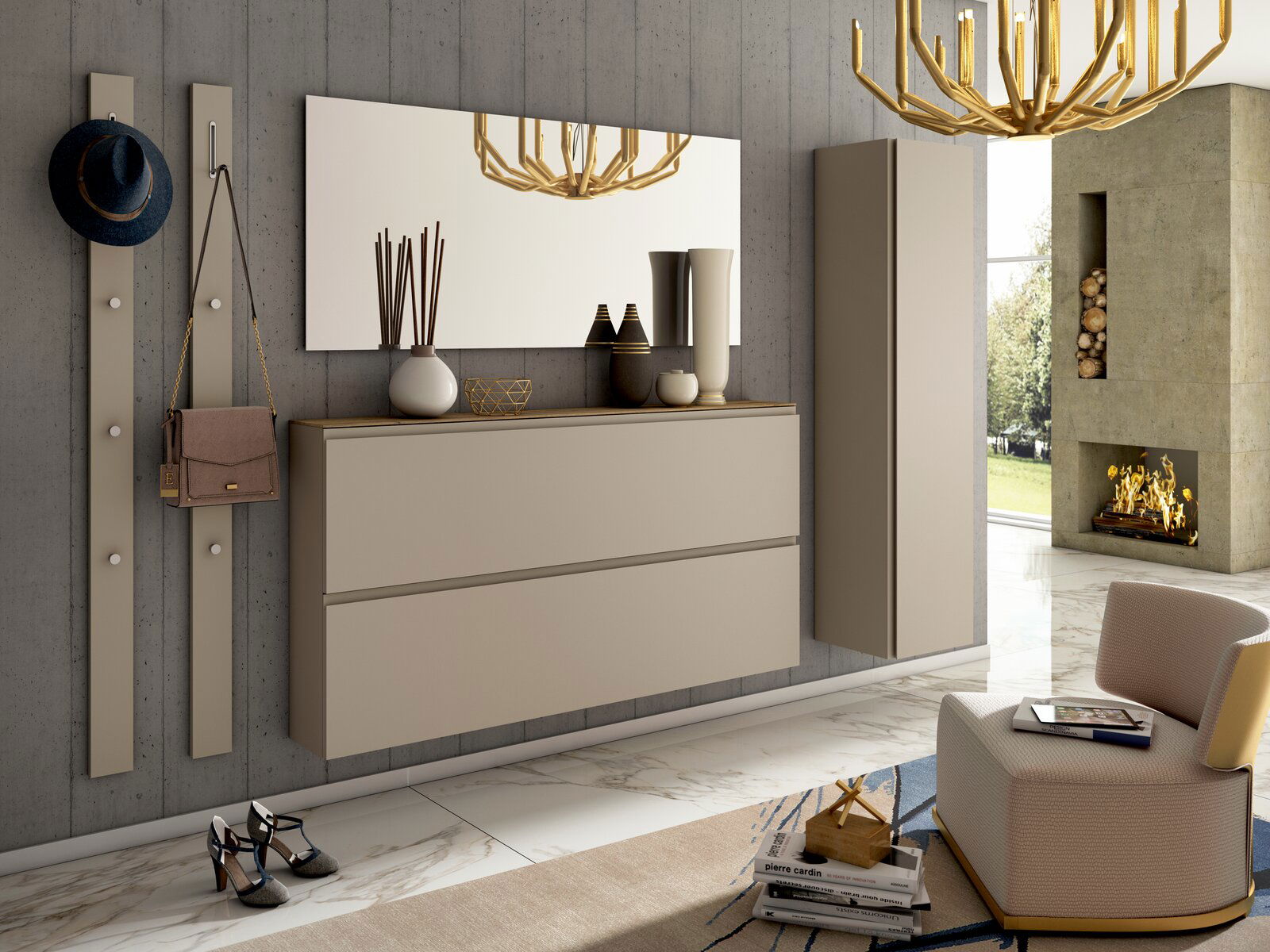 Modernes Garderobenset in einem stilvollen Raum mit Wandspiegel, Hängeschrank und Dekorationen, seitliche Perspektive.