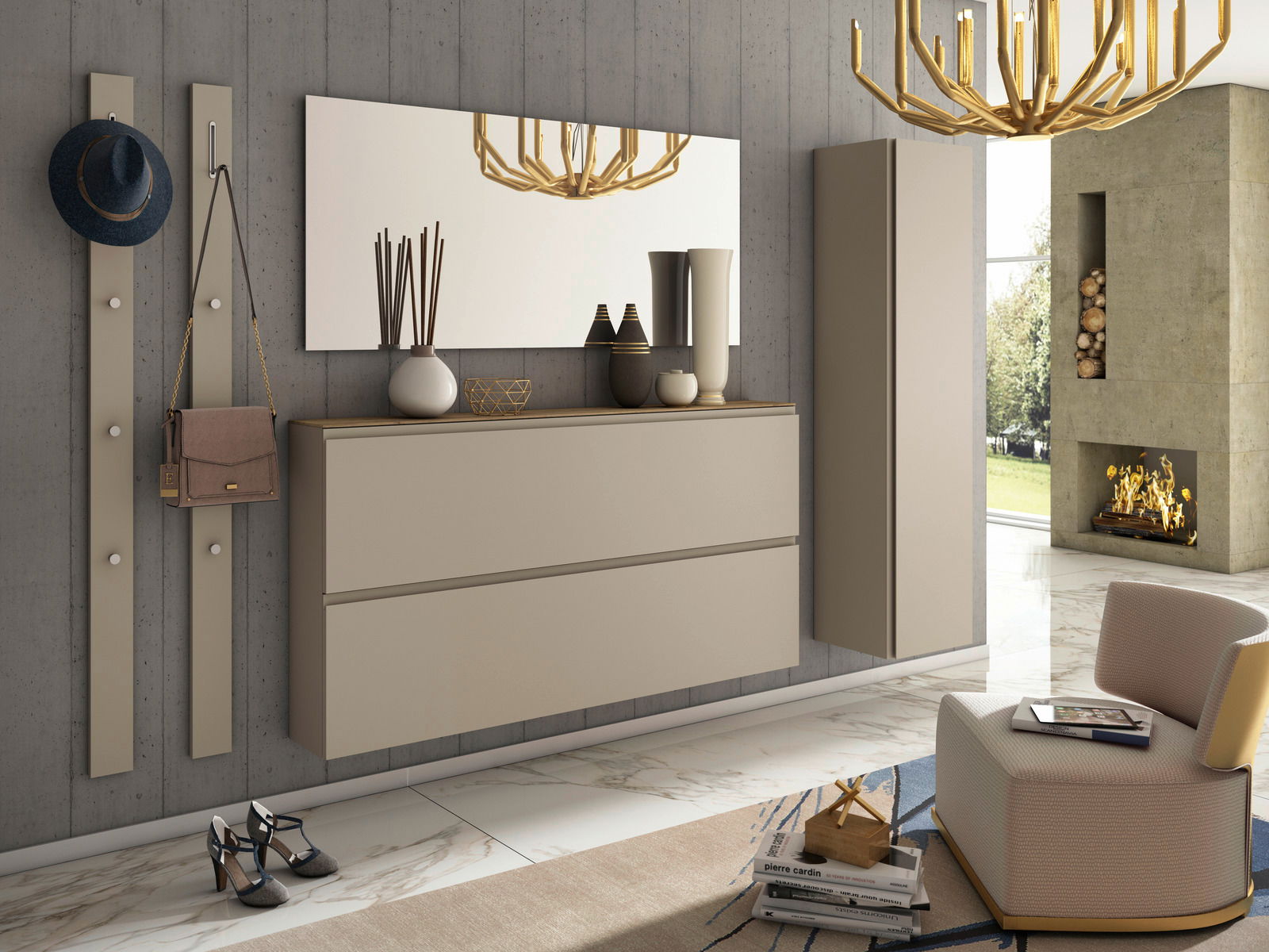 Modernes Garderobenset in einem stilvollen Raum mit Wandspiegel, Hängeschrank und Dekorationen, seitliche Perspektive.