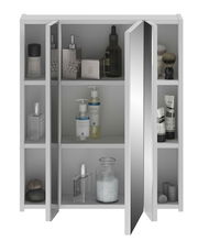 Moderner Spiegelschrank mit geöffneter Tür, gefüllt mit Pflegeprodukten, aus frontaler Perspektive.