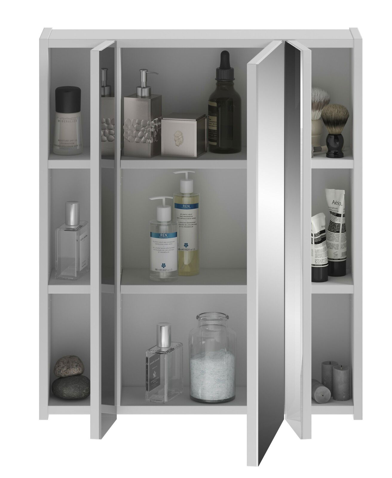 Moderner Spiegelschrank mit geöffneter Tür, gefüllt mit Pflegeprodukten, aus frontaler Perspektive.