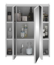 Moderner Spiegelschrank mit geöffneter Tür, gefüllt mit Pflegeprodukten, aus frontaler Perspektive.